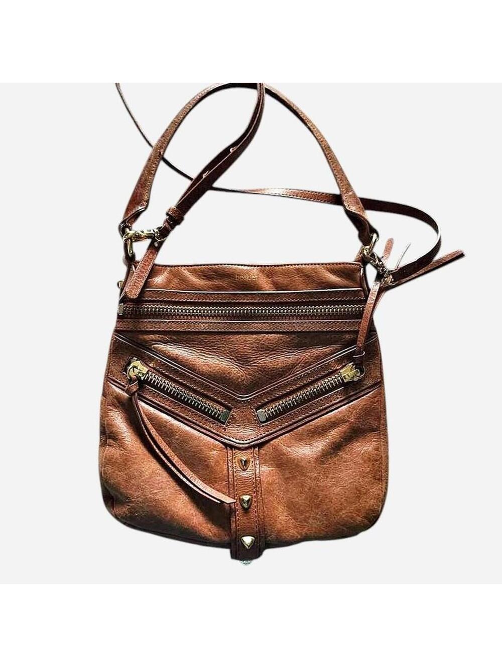 Botkier Crossbody Leather Purse Brown  Handbag Gold Slim Style Studs Zippers